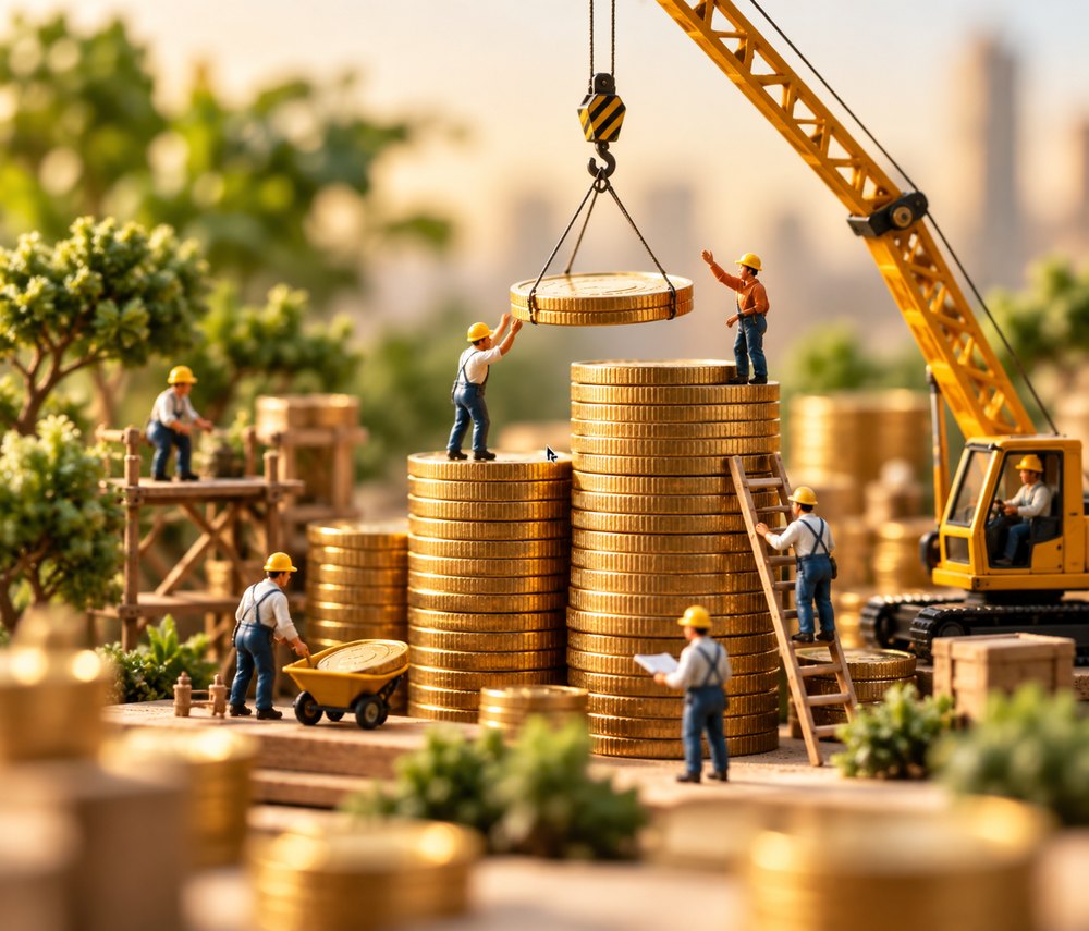 Miniature workers and a crane around stacks of coins.