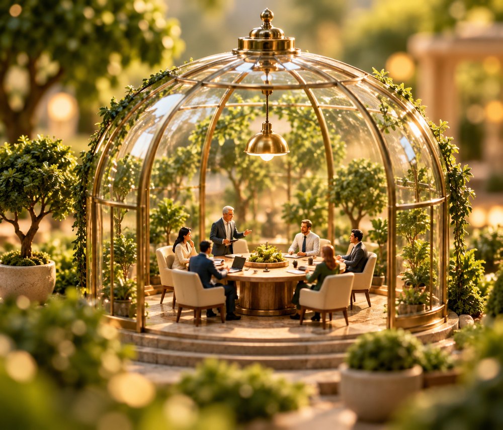 Miniature people meeting inside a glass garden pavilion.