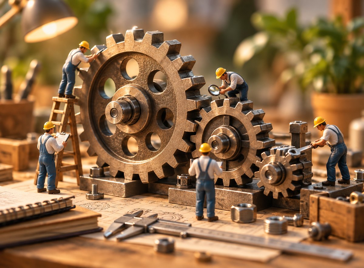 Miniature engineers examining large interlocking gears.