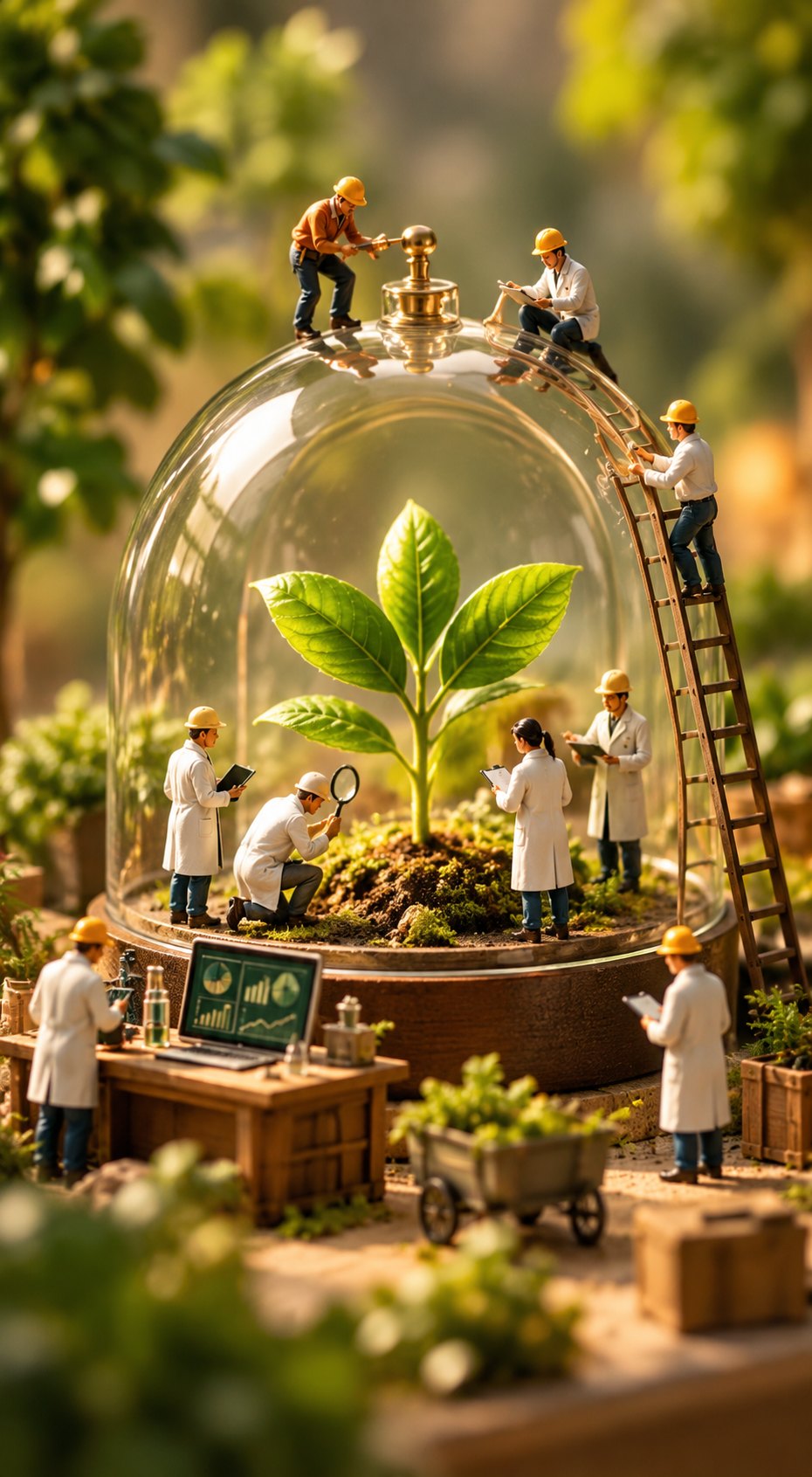 Miniature researchers evaluating a plant inside a transparent test chamber.
