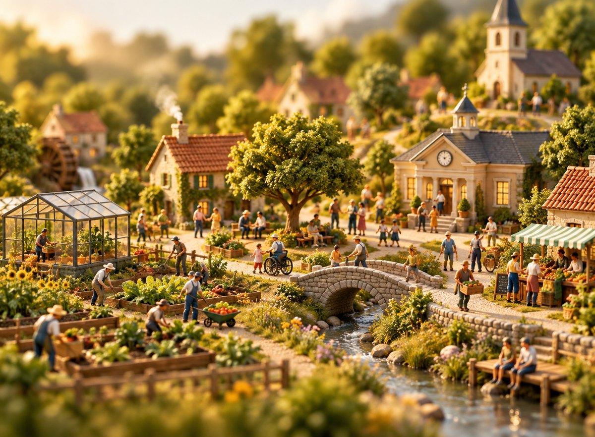 Miniature people moving through a small simulated village.