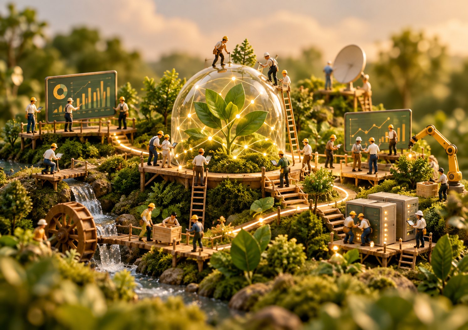 Miniature builders constructing a living network of greenery, pathways and evaluation systems.