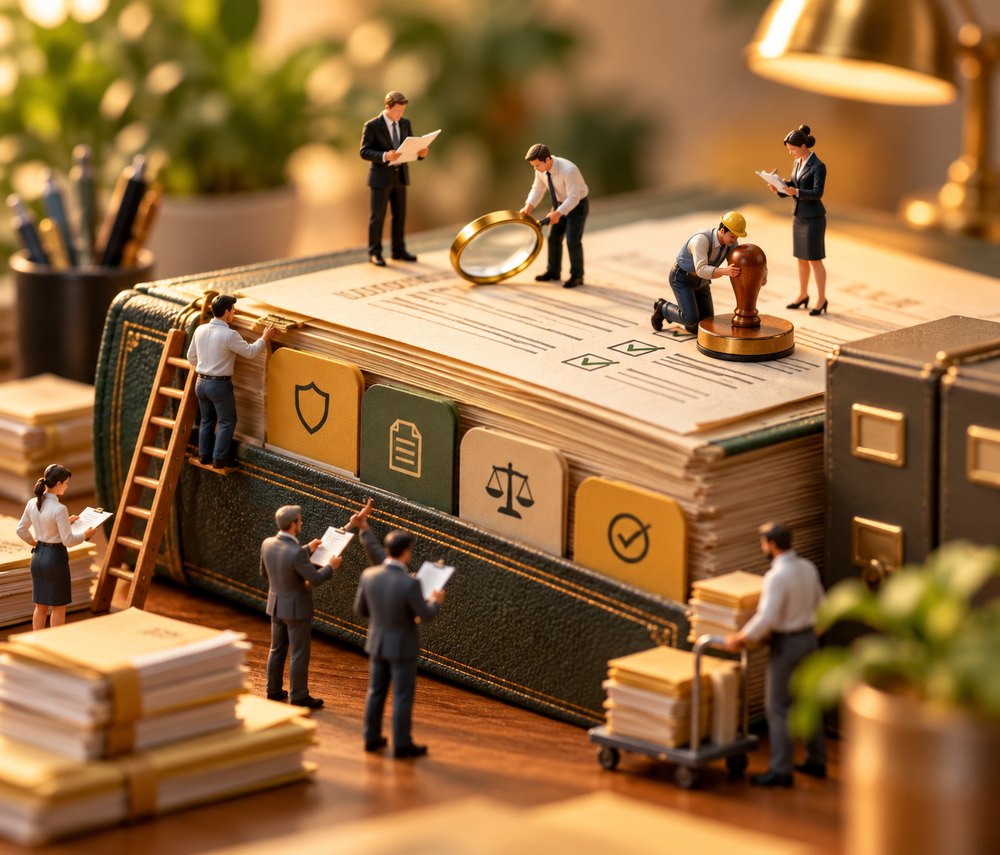 Miniature workers around a policy and audit ledger.