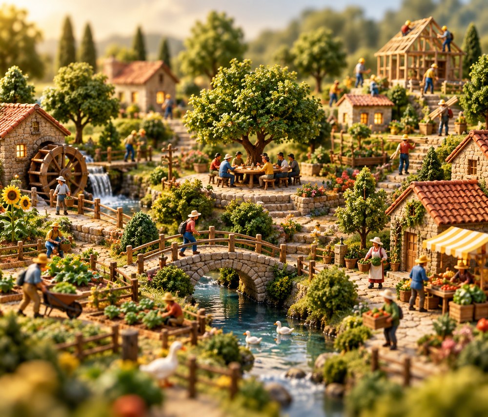 Miniature village representing a live multi-agent world.